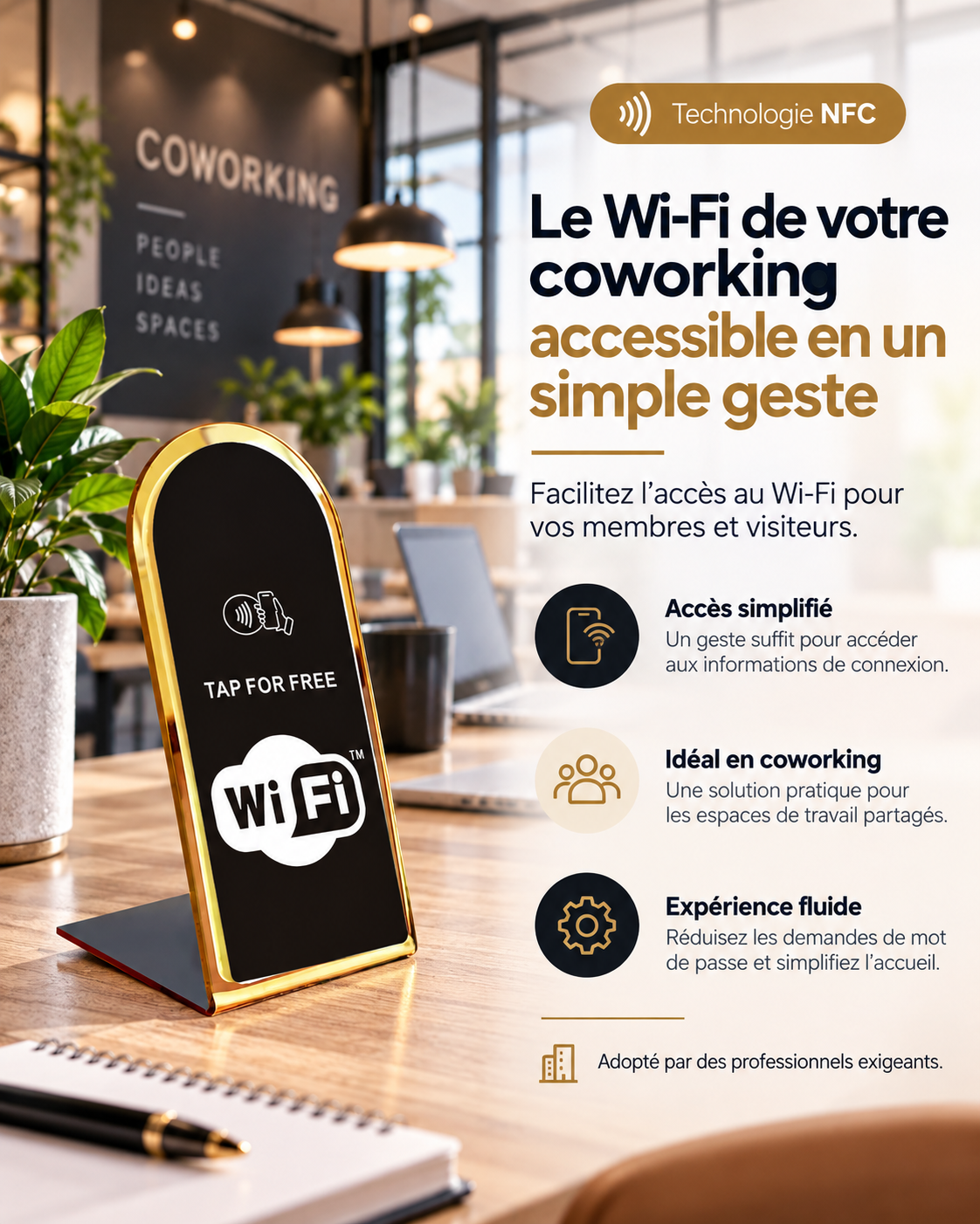 Présentoir NFC arrondi WiFi à contour doré – Cardavis