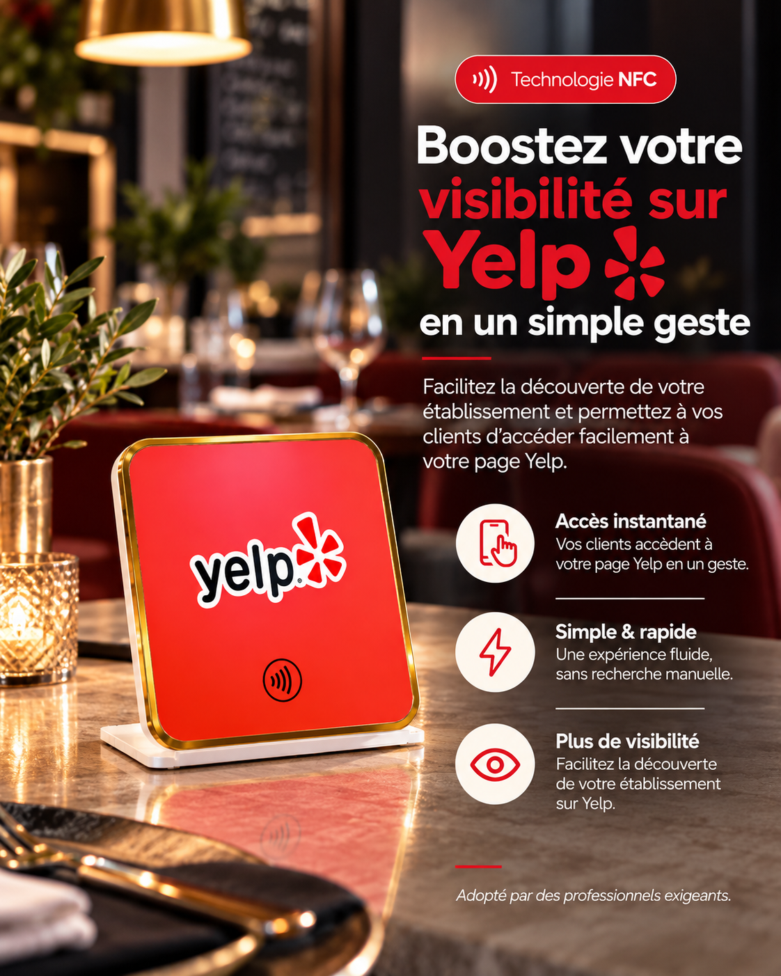 Présentoir de table NFC avis Yelp à contour doré – Cardavis