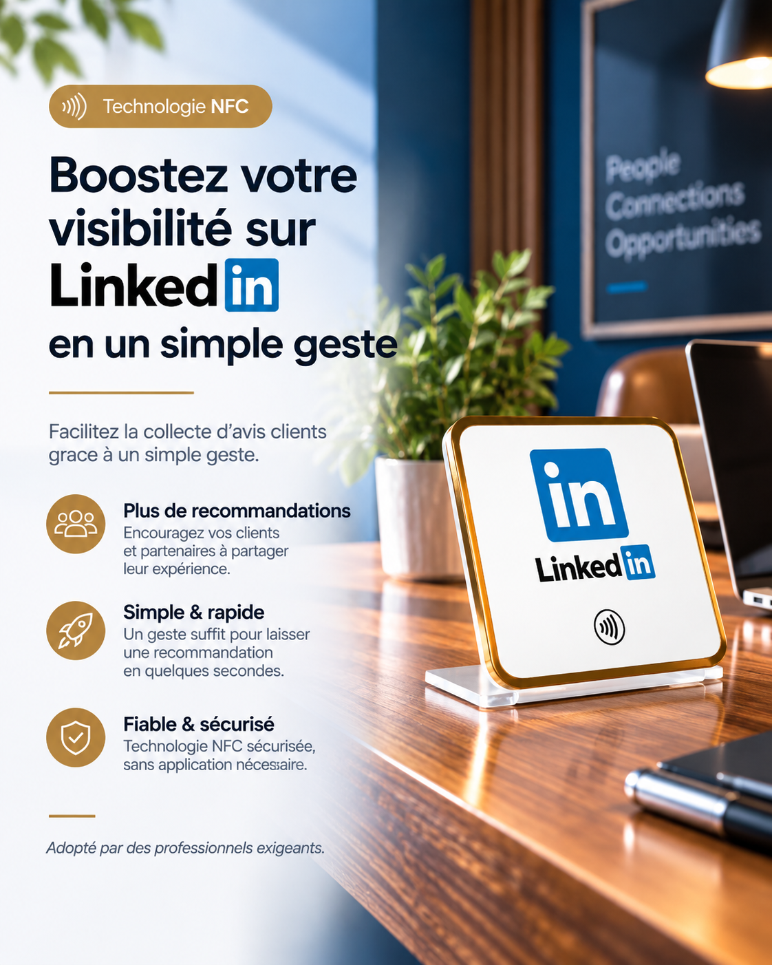 Présentoir de table NFC LinkedIn à contour doré – Cardavis