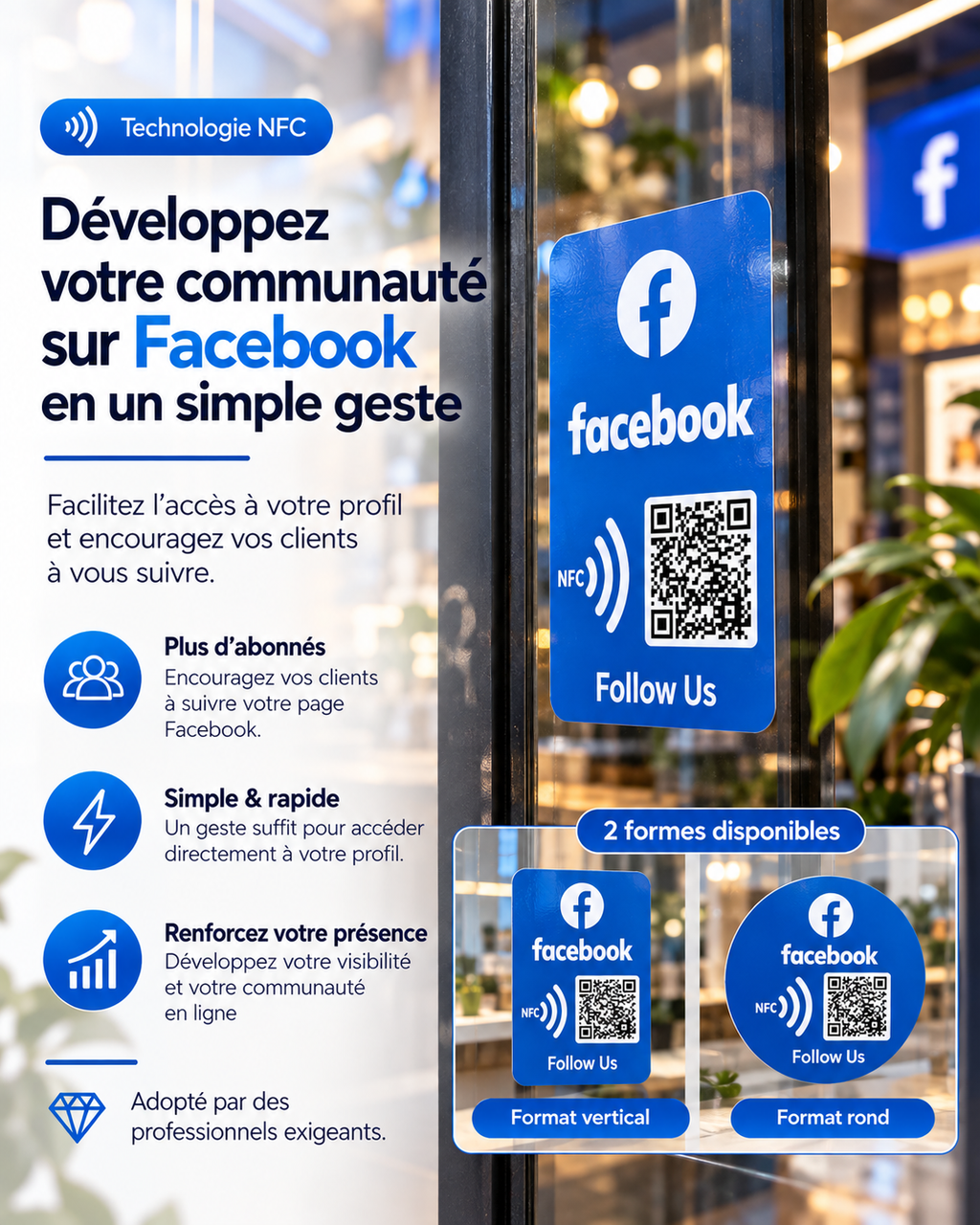 Autocollant NFC + QR code Facebook, vertical ou rond – Cardavis