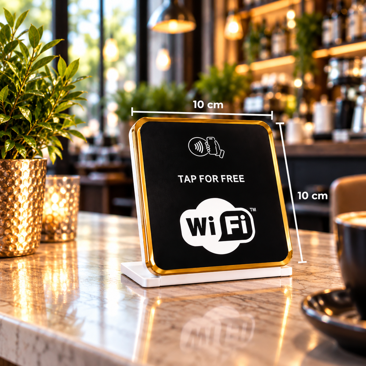 Présentoir de table NFC WiFi à contour doré, dimensions 10 × 10 cm – Cardavis