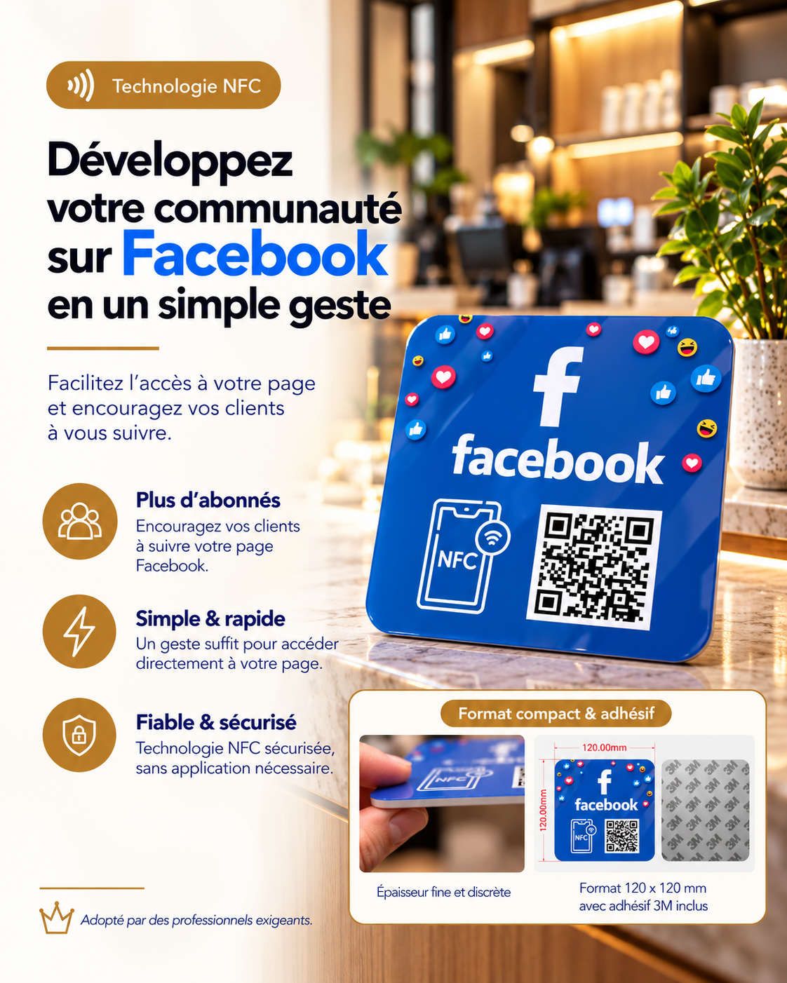 Plaque carrée autocollante NFC + QR code Facebook, format compact et adhésif – Cardavis