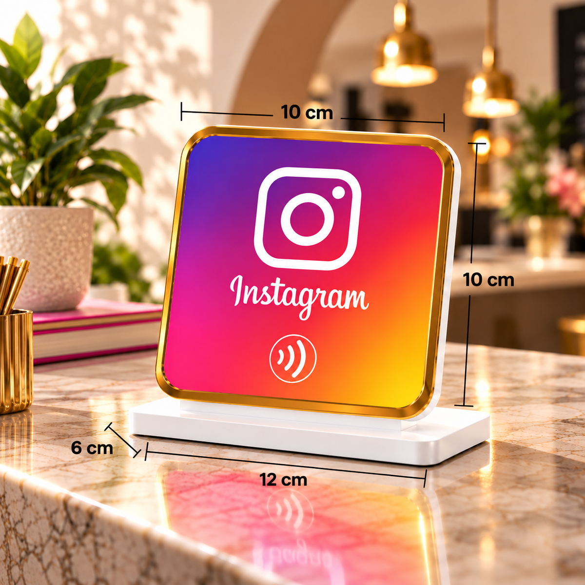 Présentoir de table NFC Instagram à contour doré, dimensions 10 × 10 cm, socle 12 × 6 cm – Cardavis