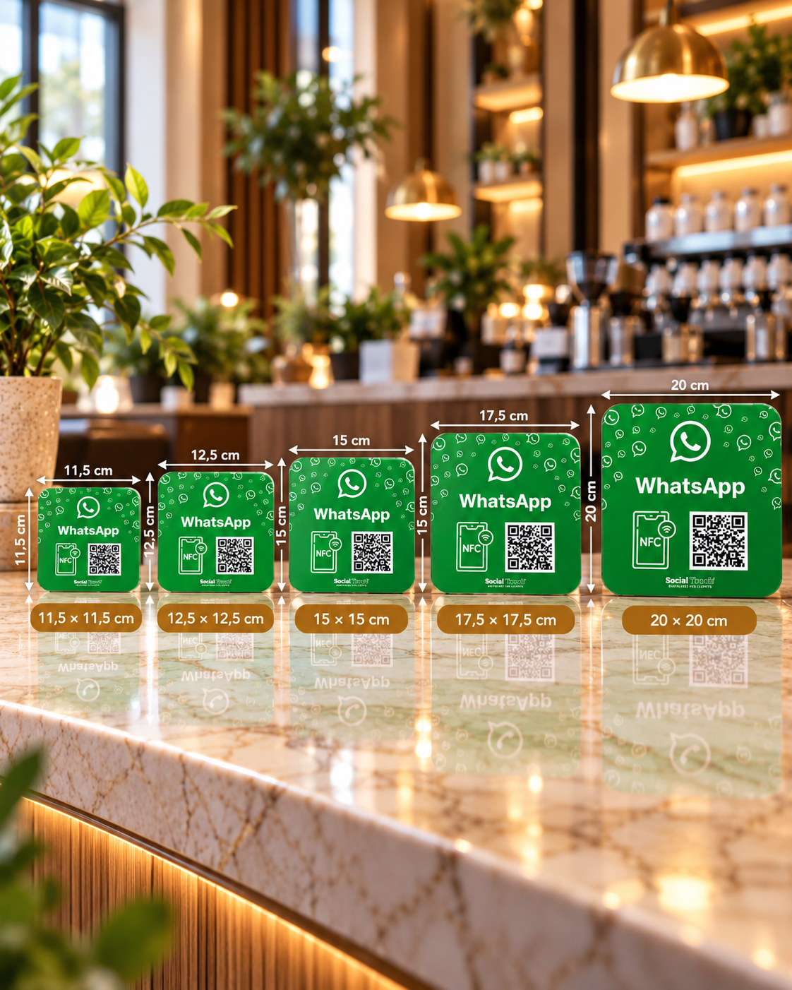 Plaque carrée autocollante NFC + QR code WhatsApp, 5 tailles de 11,5 à 20 cm – Cardavis