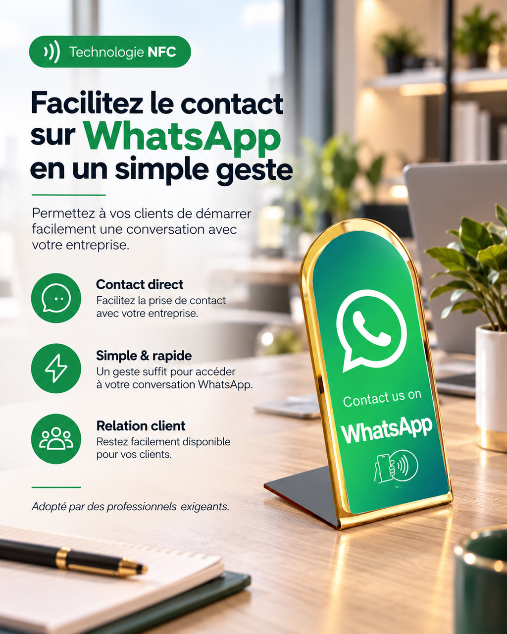 Présentoir NFC arrondi WhatsApp à contour doré – Cardavis