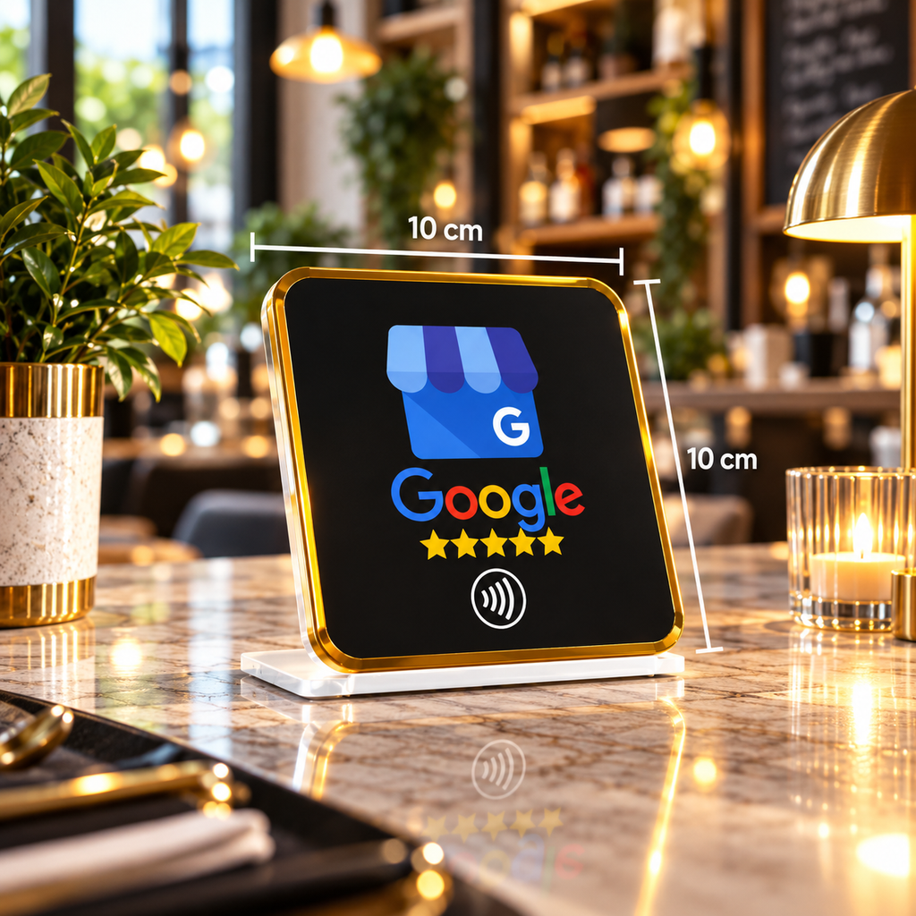 Présentoir de table NFC avis Google noir à contour doré, dimensions 10 × 10 cm – Cardavis