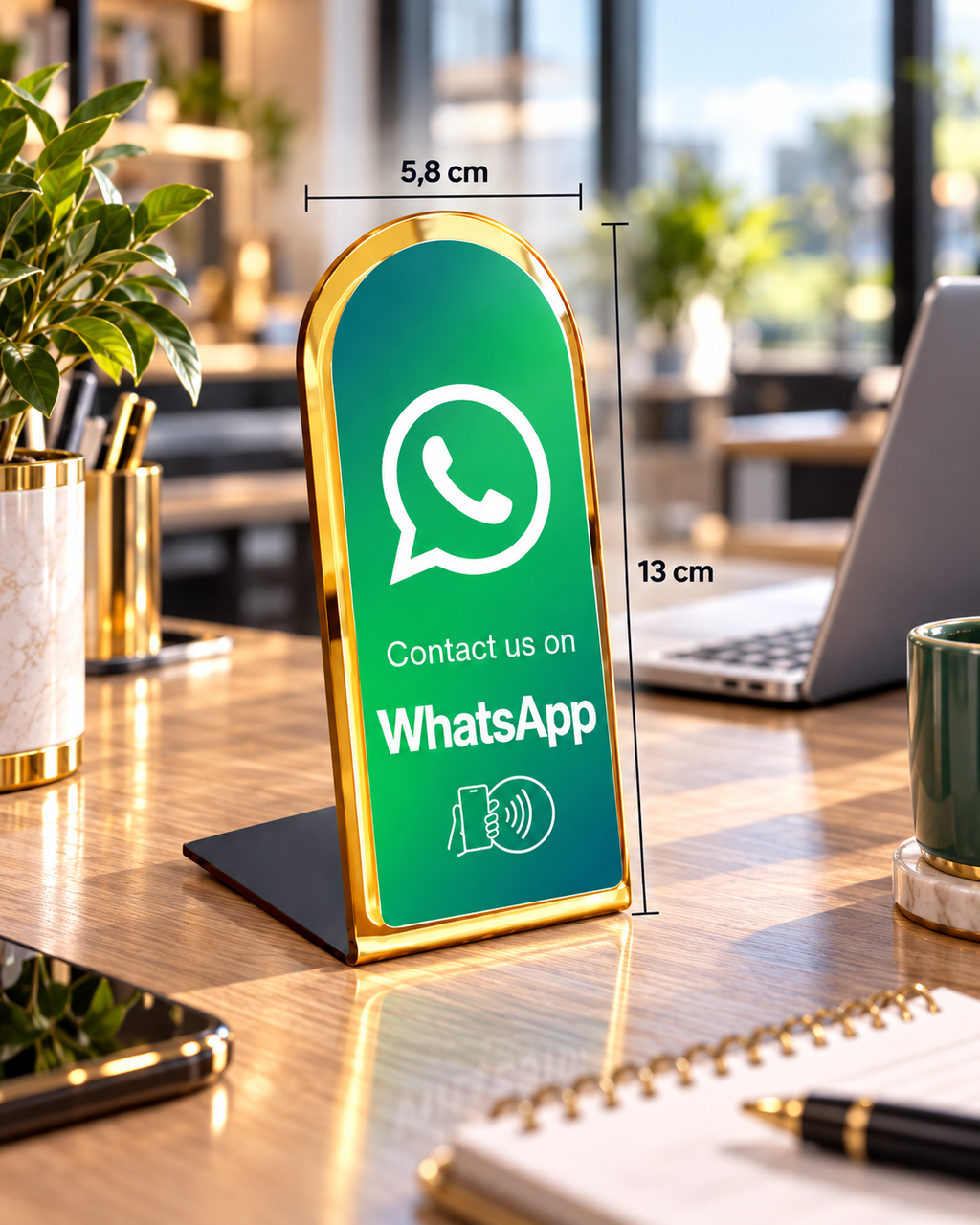 Présentoir NFC arrondi WhatsApp à contour doré, dimensions 5,8 × 13 cm – Cardavis