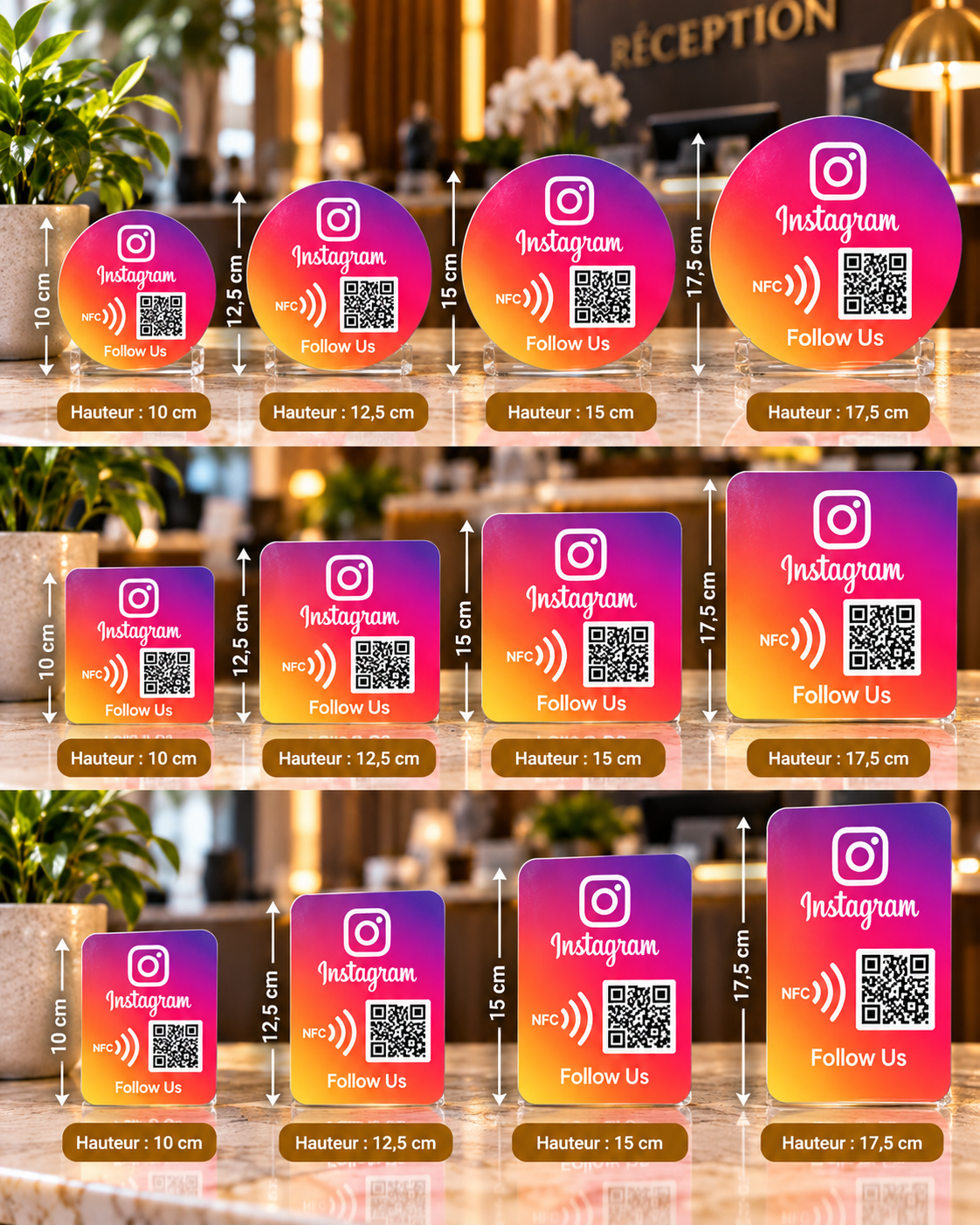 Autocollant NFC + QR code Instagram rond, carré ou vertical, 4 tailles de 10 à 17,5 cm – Cardavis