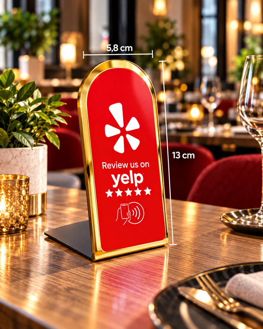 Présentoir NFC arrondi avis Yelp à contour doré, dimensions 5,8 × 13 cm – Cardavis